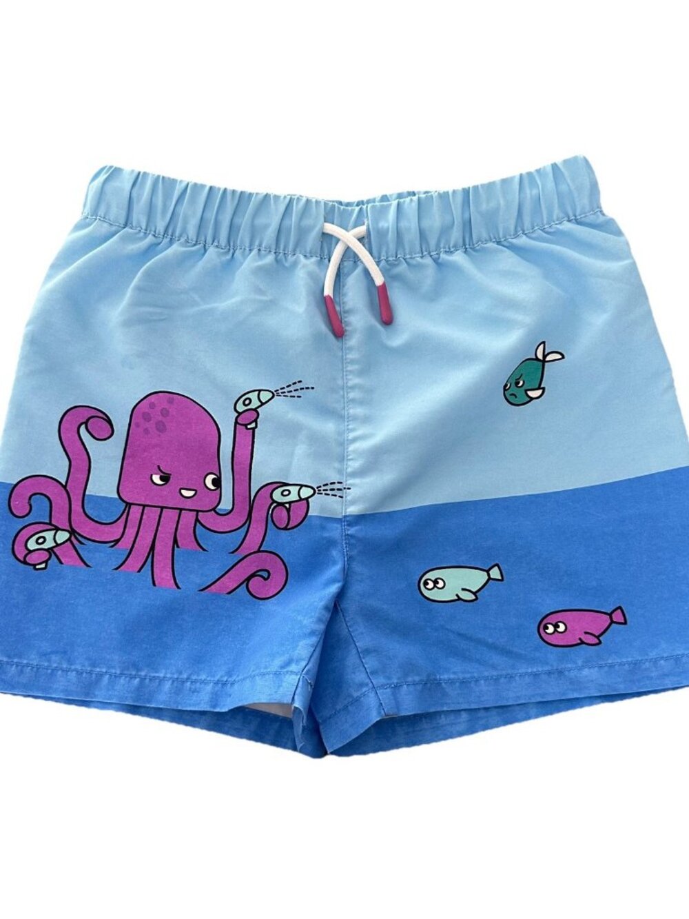 Jacadi Boys Blue Fish Print Swim Trunks 6A Lined Drawstring